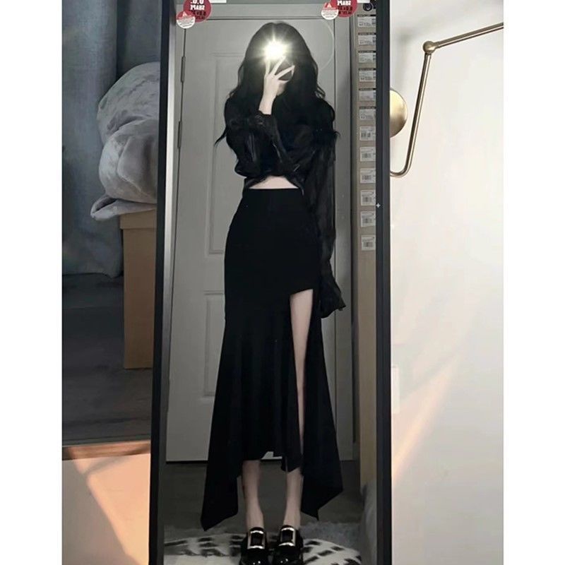 Set Áo Sơ Mi Tay Dài Phối Chân Váy Lưng Cao Màu Đen Phong Cách Retro Cao Cấp Cho Nữ