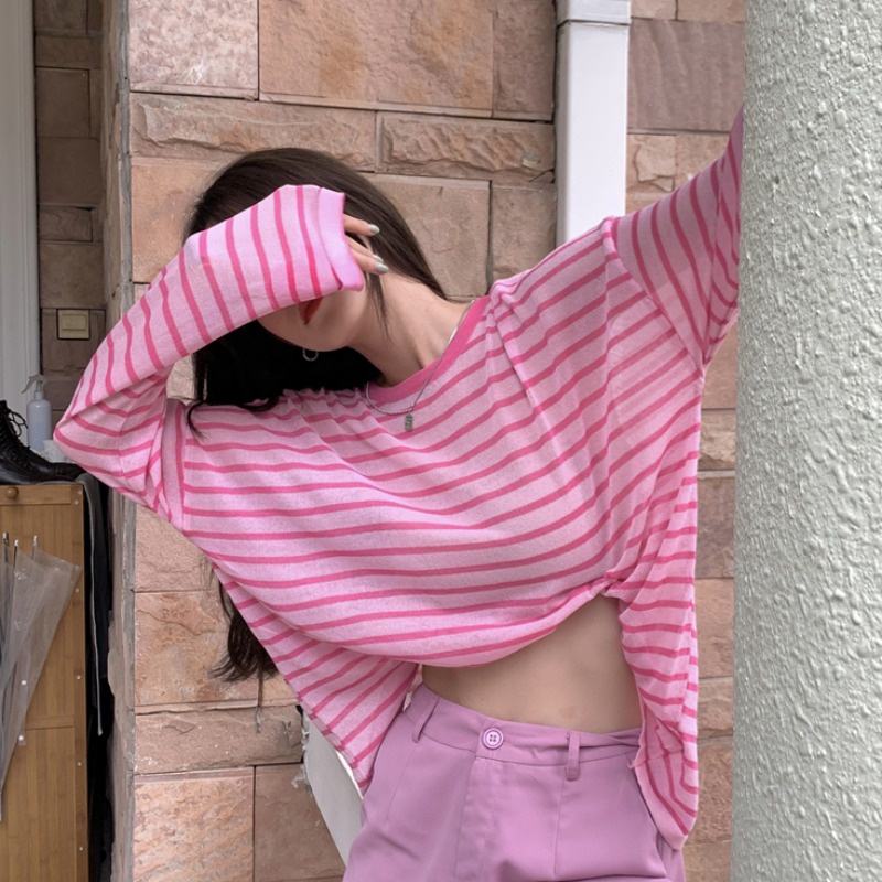 Áo thun ZHELIHANGFEI tay dài dáng rộng kẻ sọc chống nắng thời trang