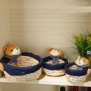 Combo 3 Rổ mây tre đựng đồ kèm gấu bông trang trí nhà cửa