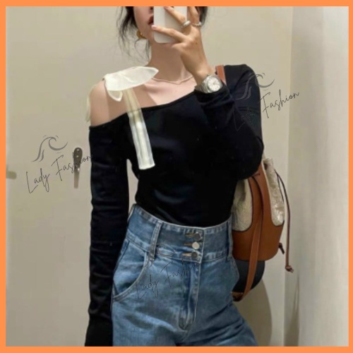 Áo Thun Dài Tay Nữ Lệch Vai Buộc Nơ Dáng Ôm Thun Mềm Mịn Co Giãn 4 Chiều Lady