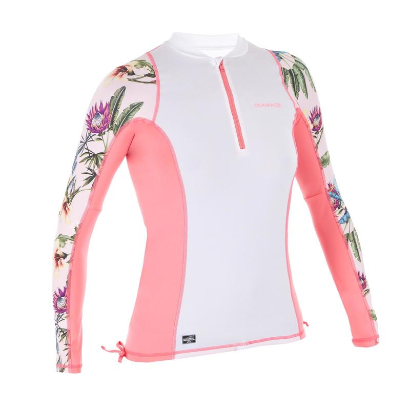 Áo thun lướt sóng dài tay chống tia cực tím Decathlon Olaian 500 cho nữ - họa tiết trắng hồng