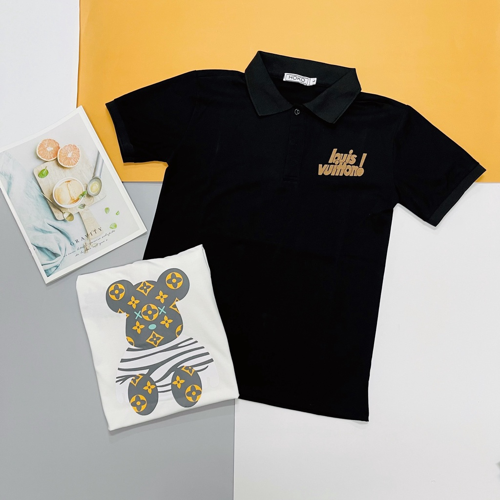 Áo thun nam nữ cổ trụ tay ngắn in ngực chữ LV in sau họa tiết gấu thời trang mùa hè hot trend 2022