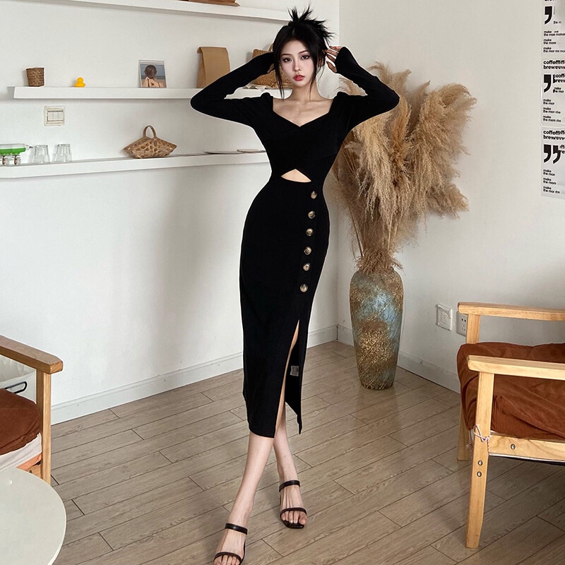 Kliou 2022 Mới Đầm midi Kliou dáng ôm tay dài cổ chữ V cài nút sành điệu cho nữ
