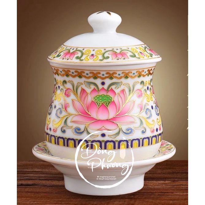 Bộ Đồ Thờ Cúng - Set Đồ Thờ Gốm Sứ Hoa Văn Hồng Liên cao cấp