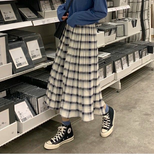 Korean Style Women's Retro Plaid Elastic Casual Plaid Skirt