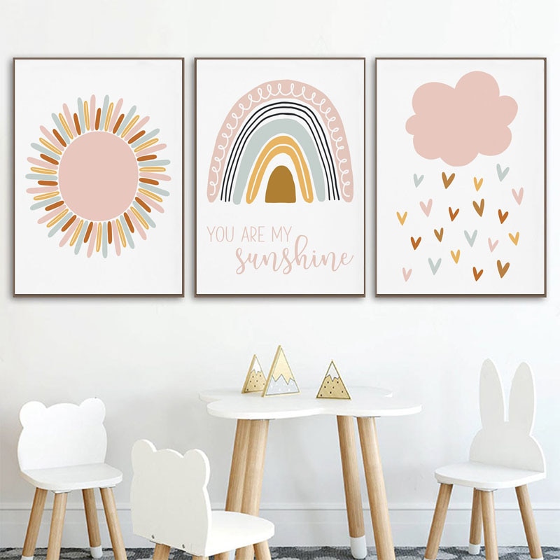 Trẻ Em Poster Màu Hồng Mặt Trời Mây Treo Tường Nghệ Thuật Mầm Non Cầu Vồng Vải In Bắc Âu Trẻ Em Trang Trí Phòng Ngủ Tranh Cho Phòng Bé