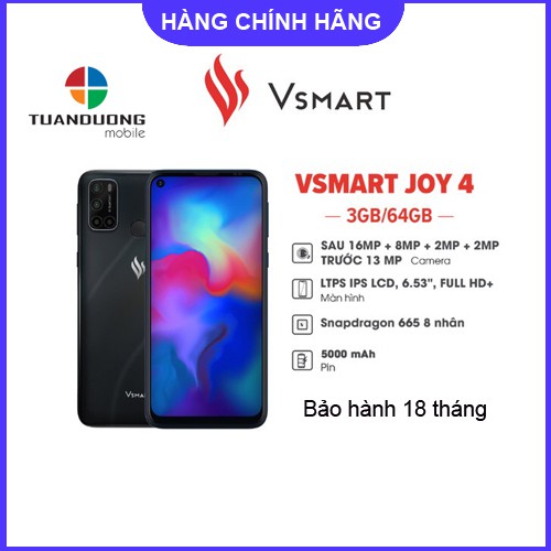 [Mã SKAMA07 giảm 8% đơn 250k]Điện thoại Vsmart Joy4 (3GB/64GB) Hàng Mới Nguyên Hộp - Bảo Hành Chính Hãng