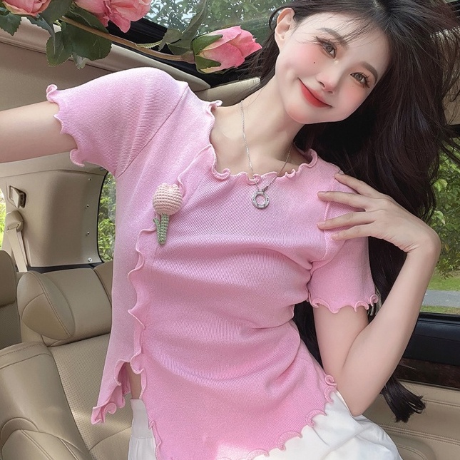Áo kiểu ZHELIHANGFEI dệt kim tay ngắn đính bông hoa xinh xắn thời trang dành cho nữ