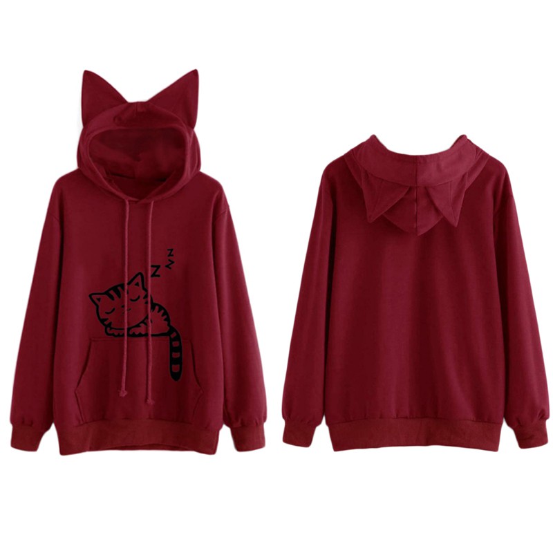 [Baywellfashion]Áo hoodie màu trơn nón tai mèo đáng yêu cho nữ