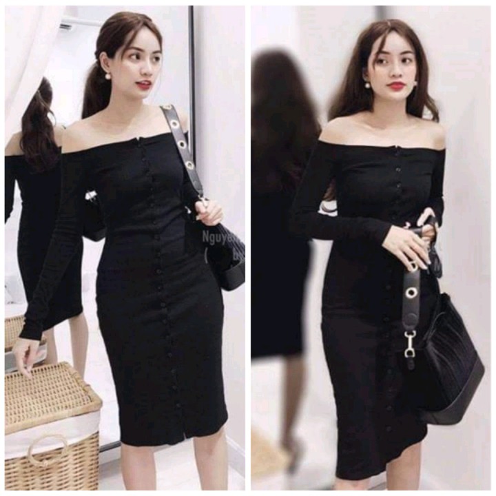 LH03 - Đầm Body Trễ Vai Tay Dài Nút Giữa | BigBuy360 - bigbuy360.vn