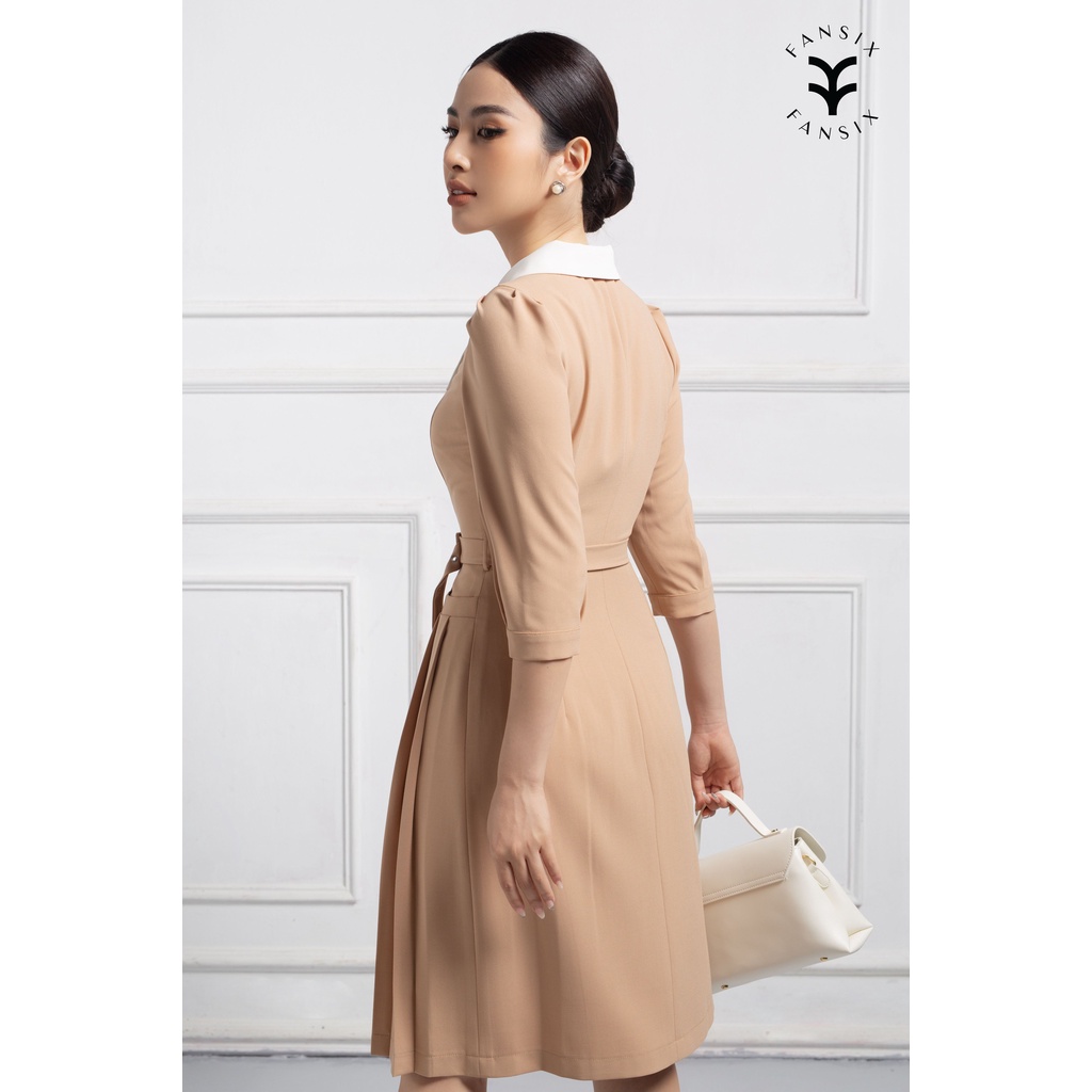 Đầm chữ A tay lỡ phối cổ sơ mi FANSIX - DL17 thiết kế tay bồng, vải mango dày dặn, 2 màu sang chảnh kèm đai. | BigBuy360 - bigbuy360.vn