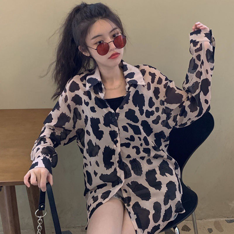 Áo Tay Dài Họa Tiết Da Báo Thời Trang Cá Tính/ Kính Râm Cho Nữ