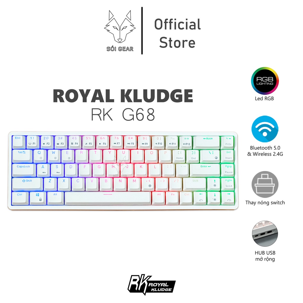 Bàn phím cơ không dây Royal Kludge RK G68 HOTSWAP, Led RGB, Type C, Bluetooth 5.0, Wireless 2.4G, Màu Đen &amp;  Màu Trắng