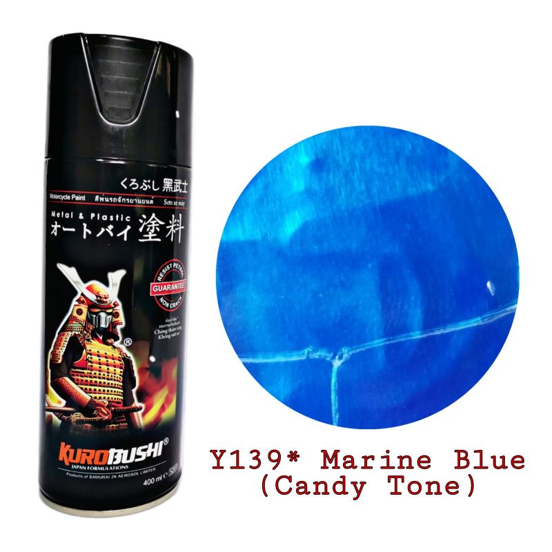 Chai sơn xịt Samurai màu xanh Candy Y139 (xanh dương 400ml) nên sơn trên nền bạc 124