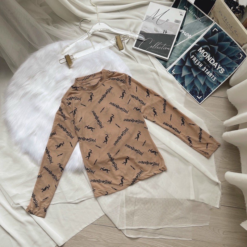 Áo thun nữ chất vải lưới lót thun tay dài in chữ co giãn 4 chiều