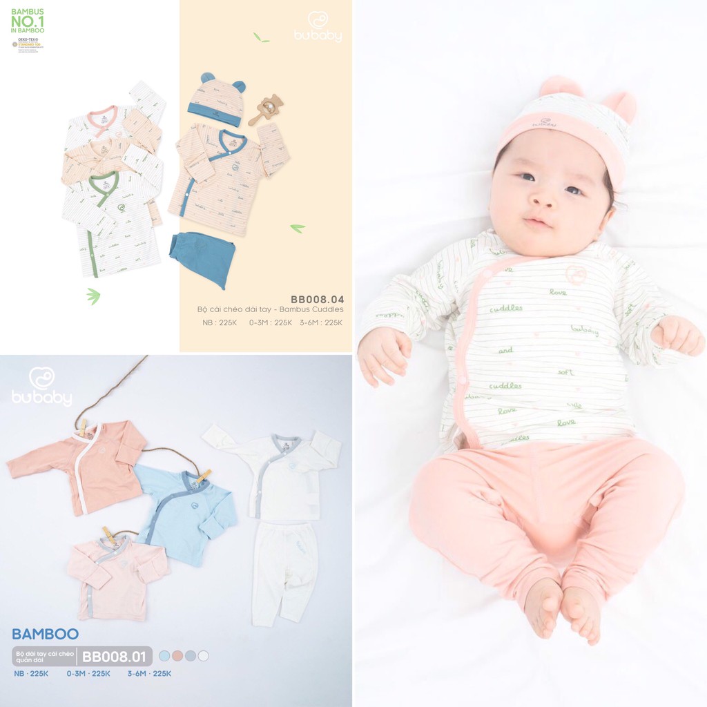 [CHÍNH HÃNG] Bộ áo dài tay cài giữa quần dài sợi tre cao cấp sơ sinh Bu