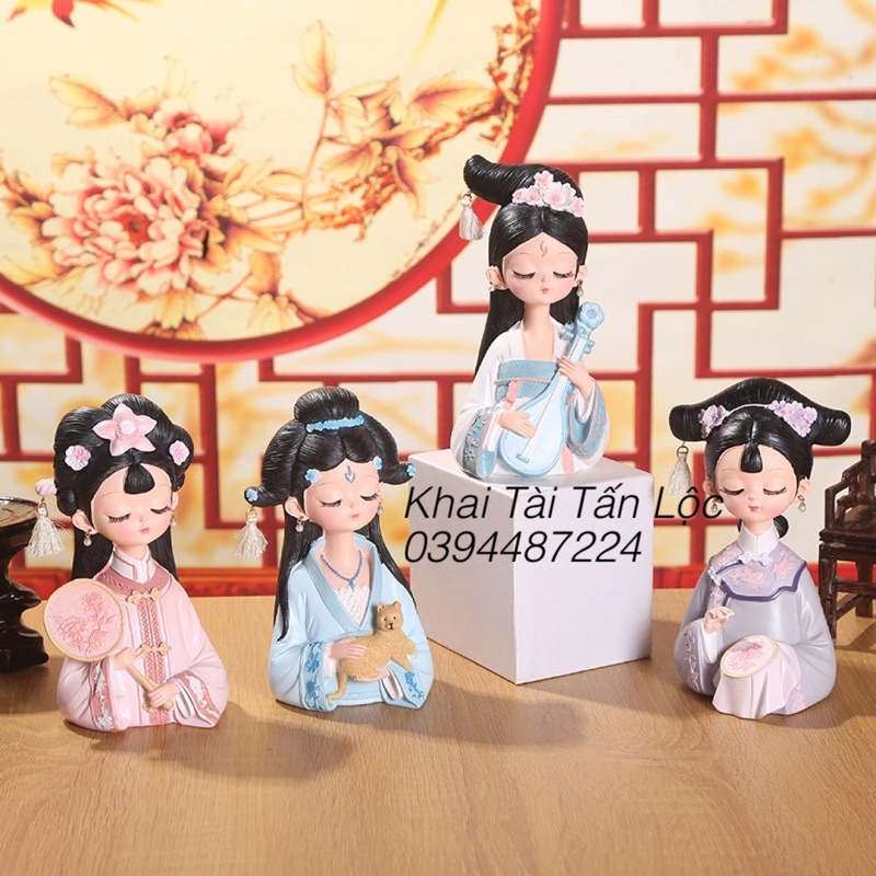 Tượng cô gái cổ trang ôm mèo cao 9,5cm