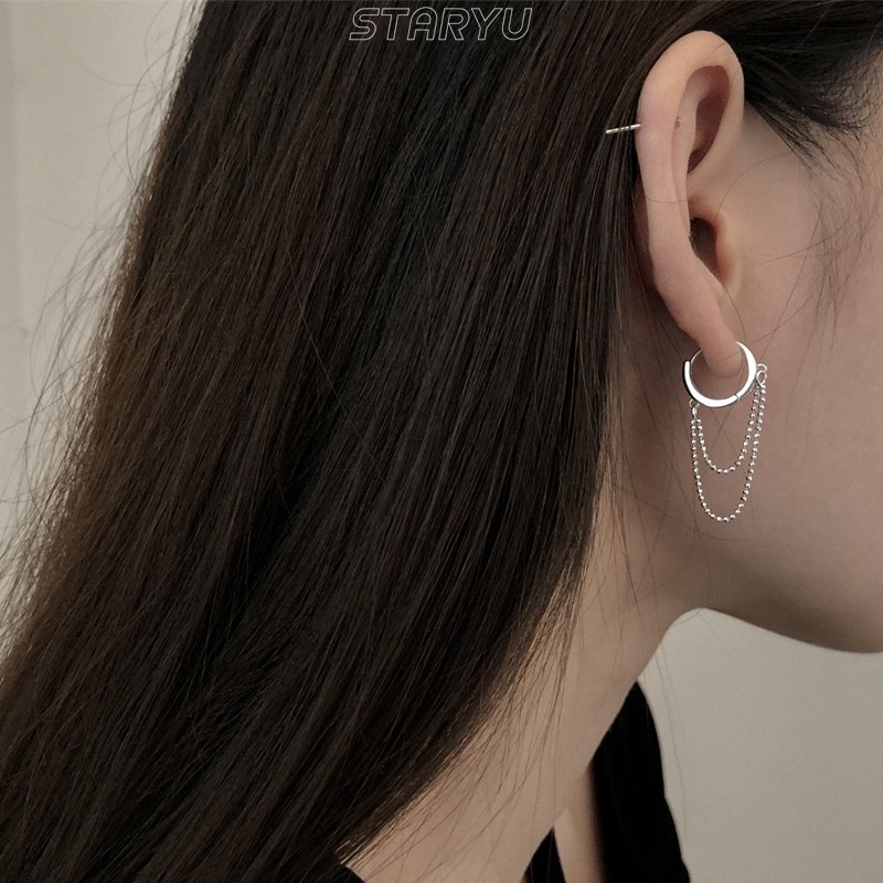 Khuyên tai bạc 925 hình tròn phối chuỗi dây xích phong cách Hàn Quốc thời trang cá tính cho nữ