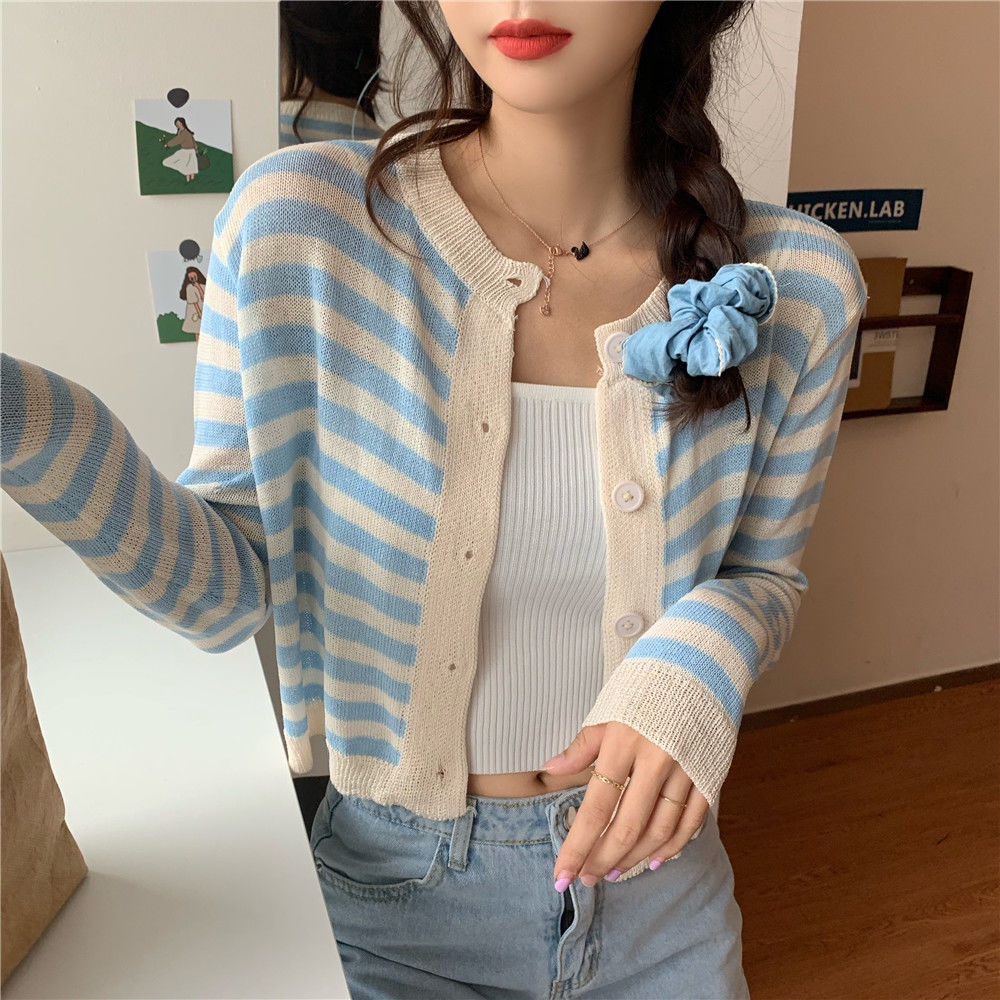 Áo Cardigan cổ tròn dáng rộng kẻ sọc xinh xắn theo phong cách hàn quốc