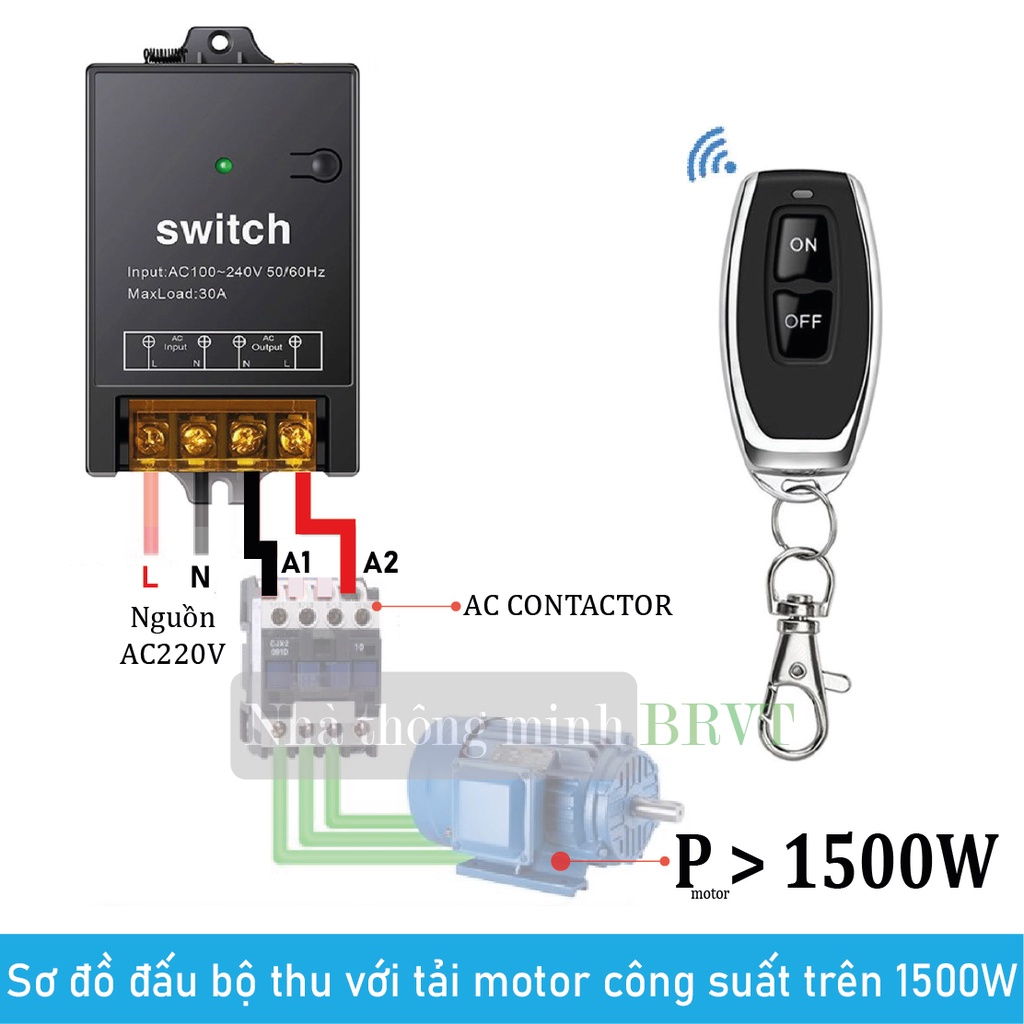 Công tắc điều khiển từ xa 100m công suất cao 30A/3000W/220V bật tắt cho thiết bị điện