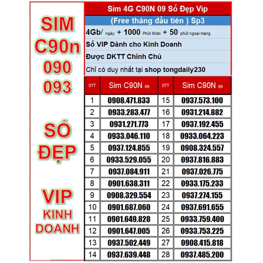 Sim mobi C90N 09 ĐẸP giá rẻ 💝SP3💝 tặng miễn phí tháng đầu ( 4gb/ ngày + 1000 phút mobi + 50 phút ngoại mạng)