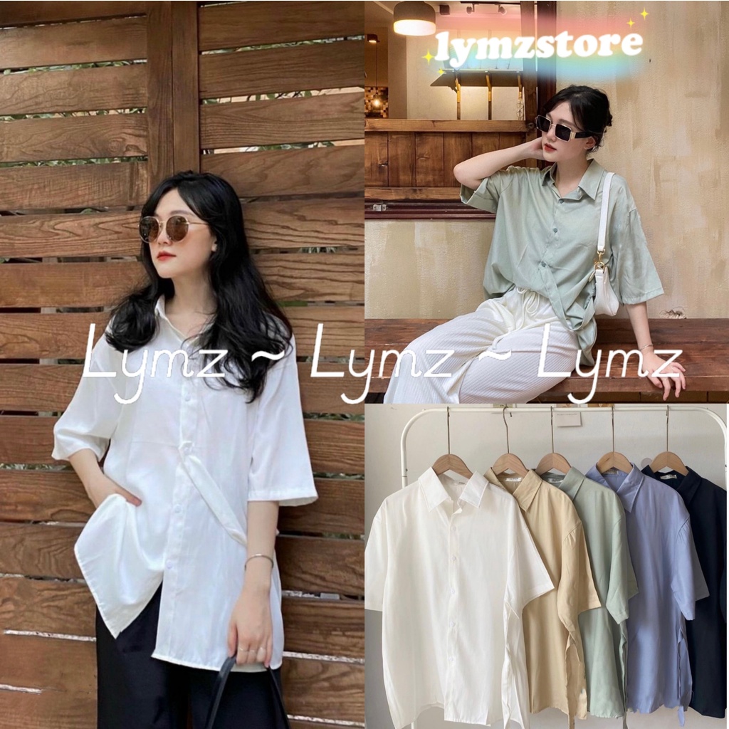 Áo sơ mi phá cách , Áo sơ mi cộc tay cài vạt lệch chất voan lụa - Lymz Store