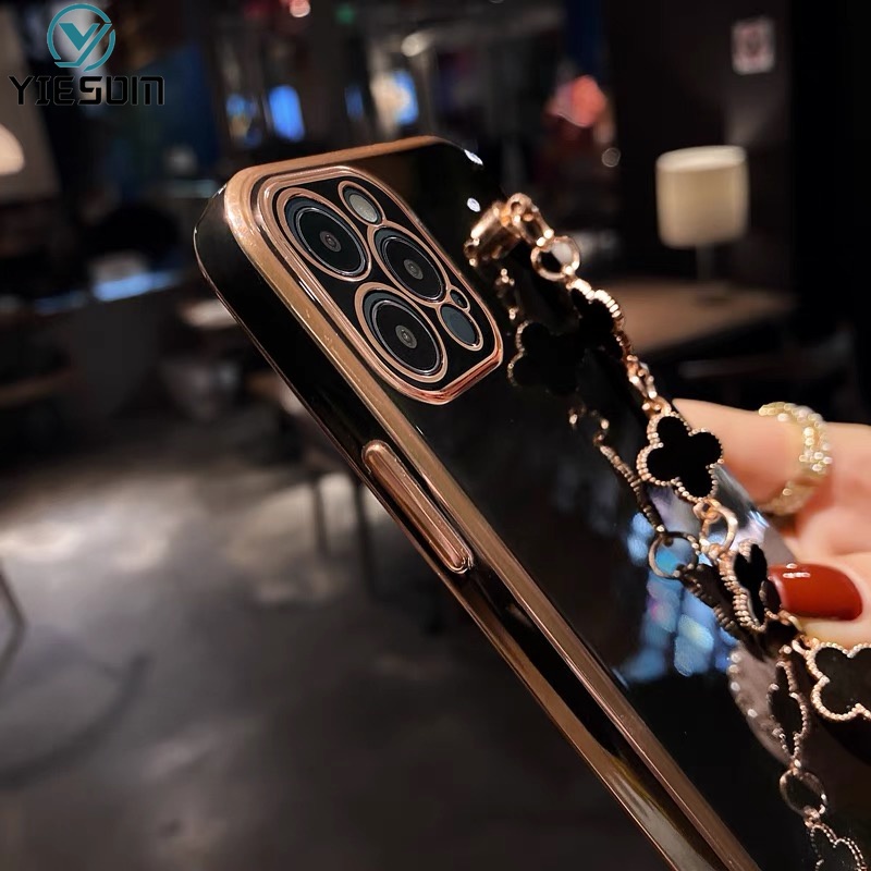 Ốp Điện Thoại Silicon Mềm Họa Tiết Lá May Mắn Có Dây Đeo Tay Cho iPhone XR X XS Max 7 8 6 6s Plus