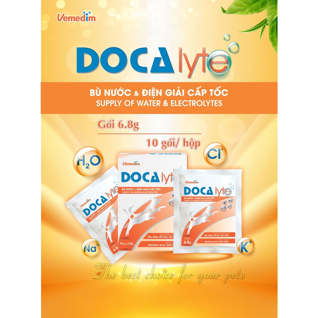 Vemedim Docalyte bột pha nước uống bổ sung cấp tốc các ion điện giải, glucose và glycine, bù nước cho chó mèo, gói 6.8g