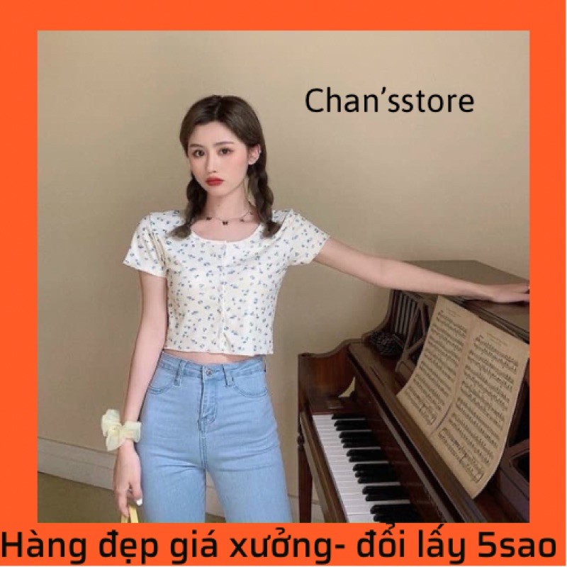 Áo croptop hoa nút chất cotton gân mịn đẹp