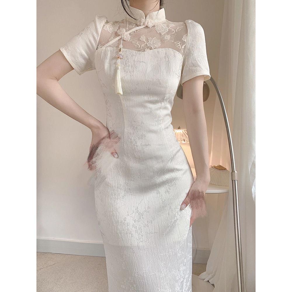 Sườn Xám Cách Tân Phối Ren Hoa Hồng Lưng Cao Phong Cách Cổ Điển Cho Nữ