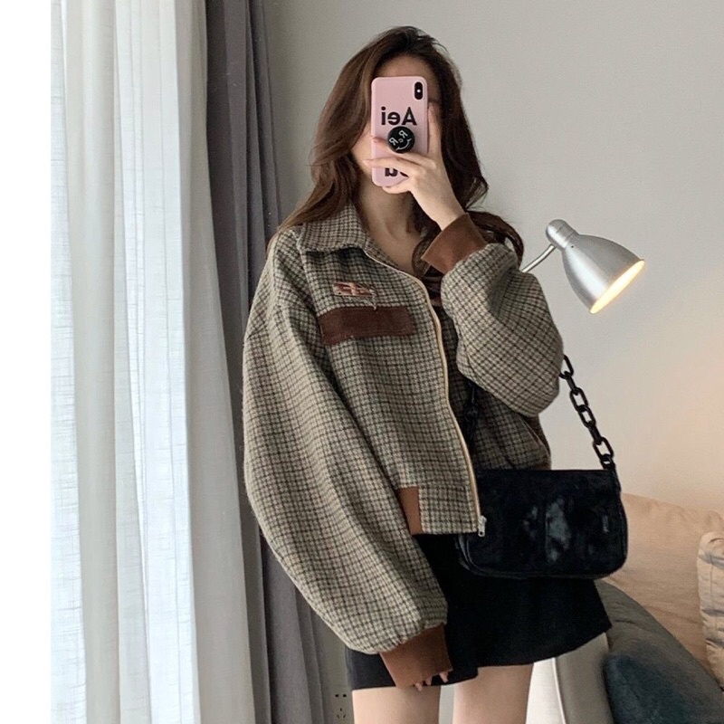 Áo khoác dạ bomber dài tay có cổ hoạ tiết kẻ caro nhỏ màu nâu hàng quảng châu loại 1 chất dày dặn