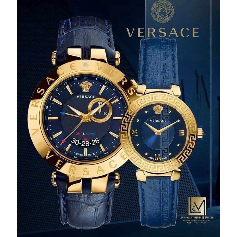 Đồng hồ Nam Versace V-Race 43mm, Nữ Versace Daphnis 34mm, dây da cá sấu, máy Swissquartz