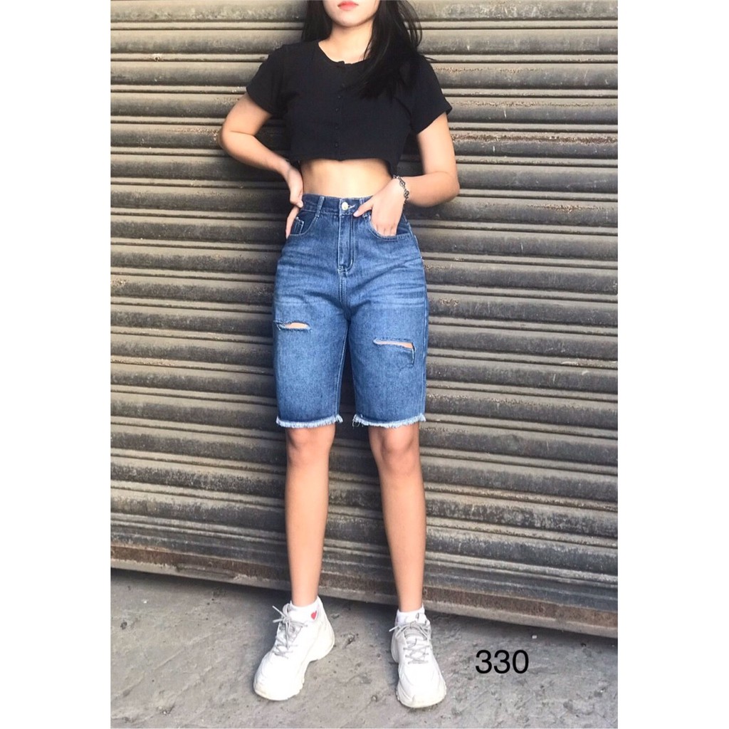 QUẦN SHORT LỬNG JEAN – BÒ NGÓ ĐÙI KIỂU NỮ LƯNG CAO XANH TRƠN BASIC RÁCH BỤI 49