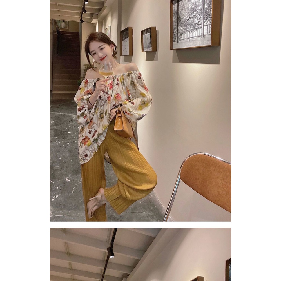 Bộ áo ngắn tay và quần ống rộng phong cách phương tây mùa hè cho nữ