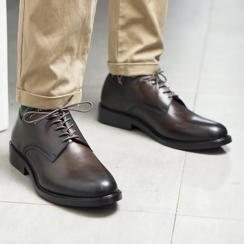 Giày nam derby công sở da bò đánh màu patina mũi tròn đế cao su đúc bảo hành 12 tháng