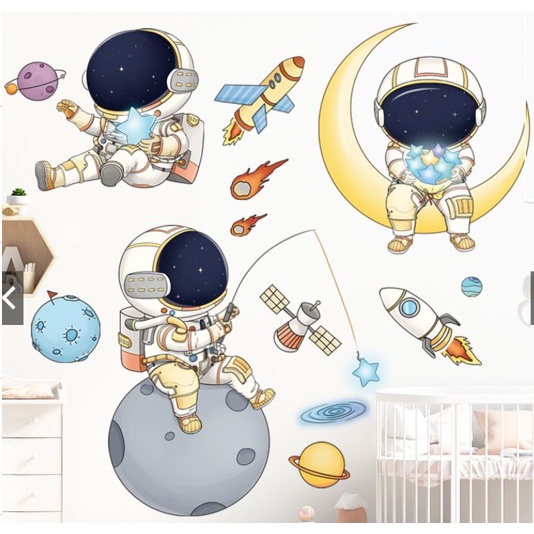 Decal dán tường Sticker dán tường in chất lượng cao có keo mặt sau mẫu Em khám phá vũ trụ ZH93