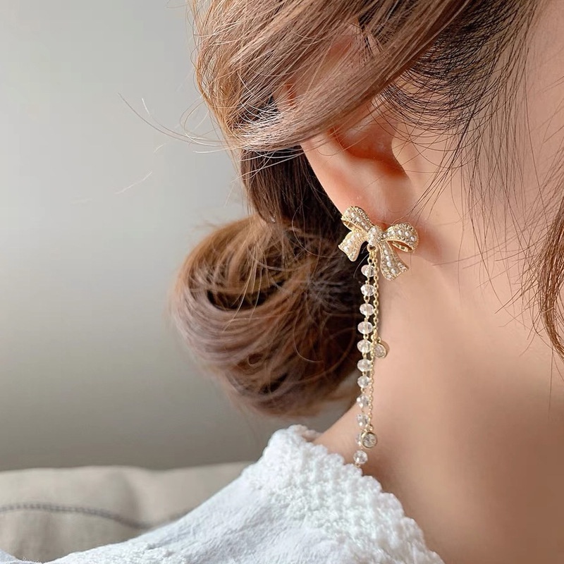 Bông tai mạ bạc 925 hình nơ đính ngọc trai nhân tạo phong cách Hàn Quốc