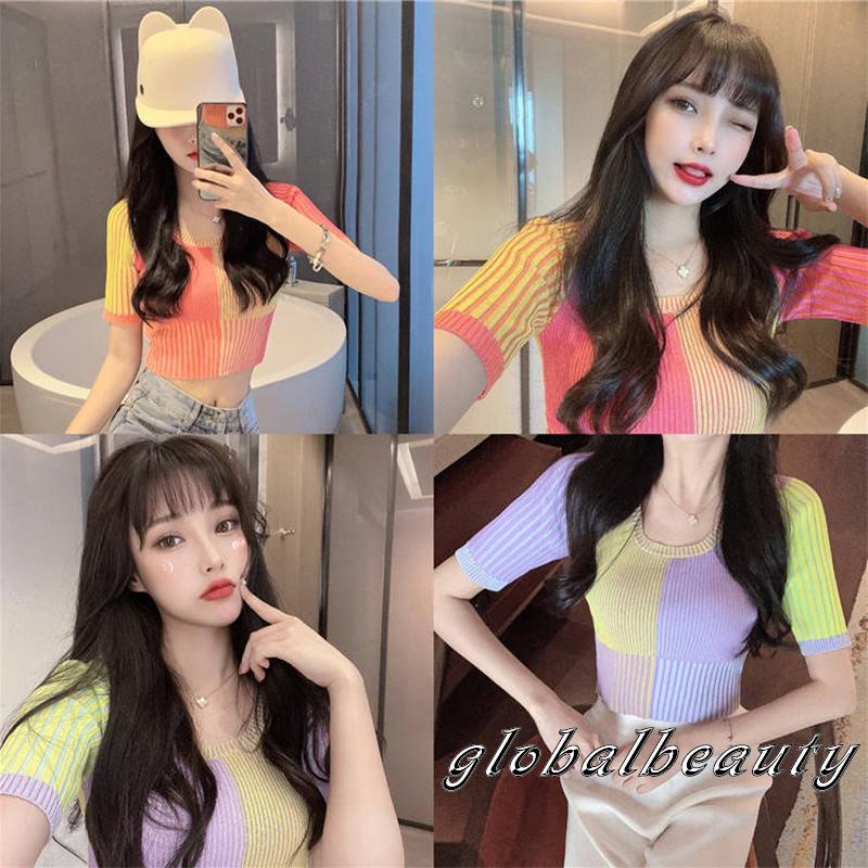 Áo dệt kim tay ngắn cổ tròn phối màu xinh xắn thời trang cho nữ