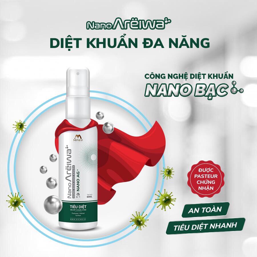 Nước xịt diệt khuẩn nano bạc Nano Areiwa 60ml, khử khuẩn, sát khuẩn, khử mùi giày, điện thoại, đồ chơi, nón bảo hiểm