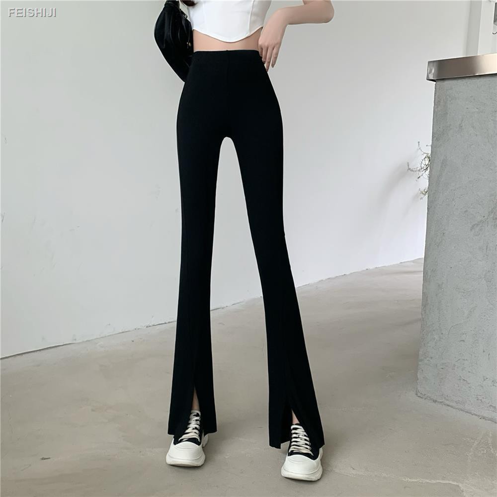 ◑2021 summer new style fashion all-match high waist drape front slit micro flared thin wide-leg trousers women s trend