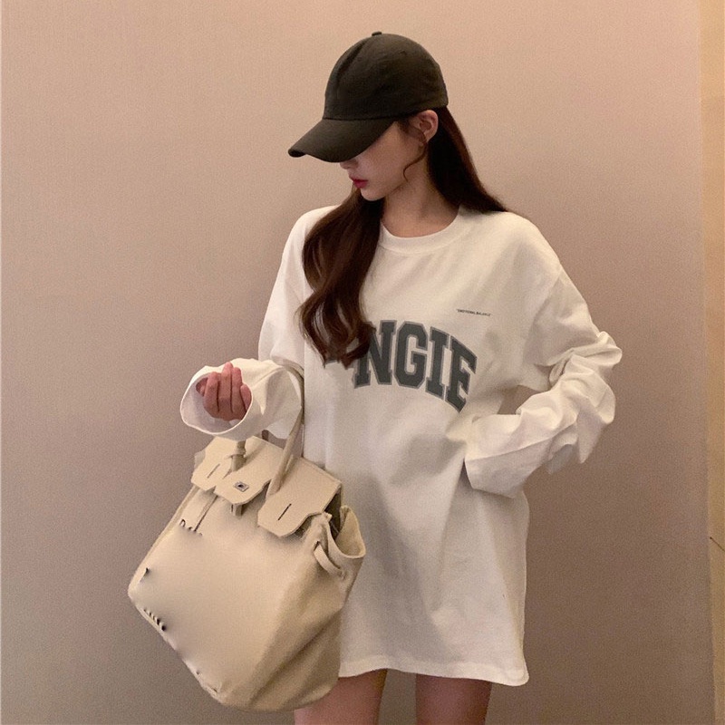 Áo thun tay dài dáng rộng in chữ phong cách Hàn Quốc thời trang cho nữ