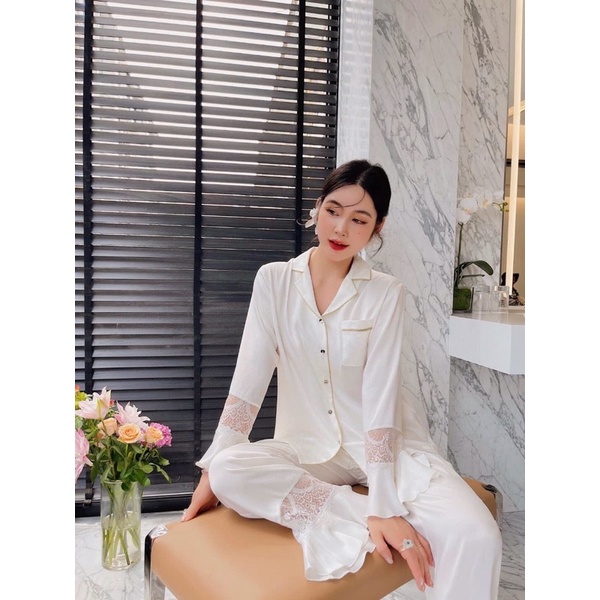 Pijama dài dài trơn trắng lụa satin cao cấp quảng châu