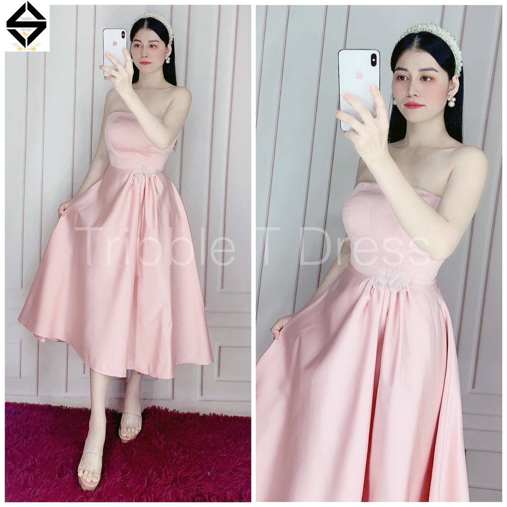 Đầm xoè cúp ngực phối hoa eo chất lụa taffeta sang trọng TRIBLE T DRESS - size M/L - MS241V