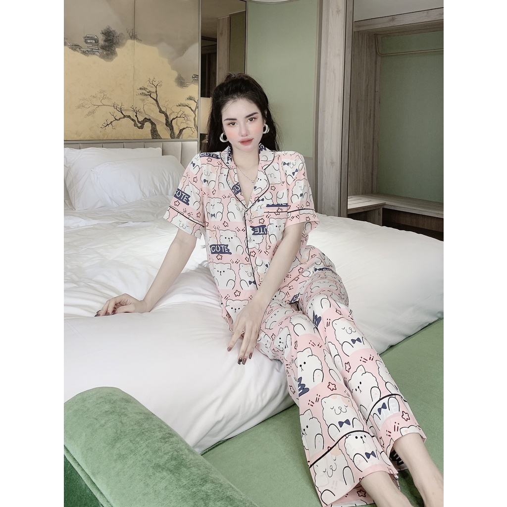 Đồ Bộ Pijama Nữ Lụa Mango Cao Cấp,Tay Ngắn Quần Dài,Chất Vải Mềm Mịn,