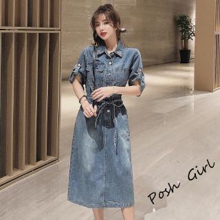 Đầm Denim dáng rộng chiết eo phối ren có size S-xl thời trang dành cho nữ