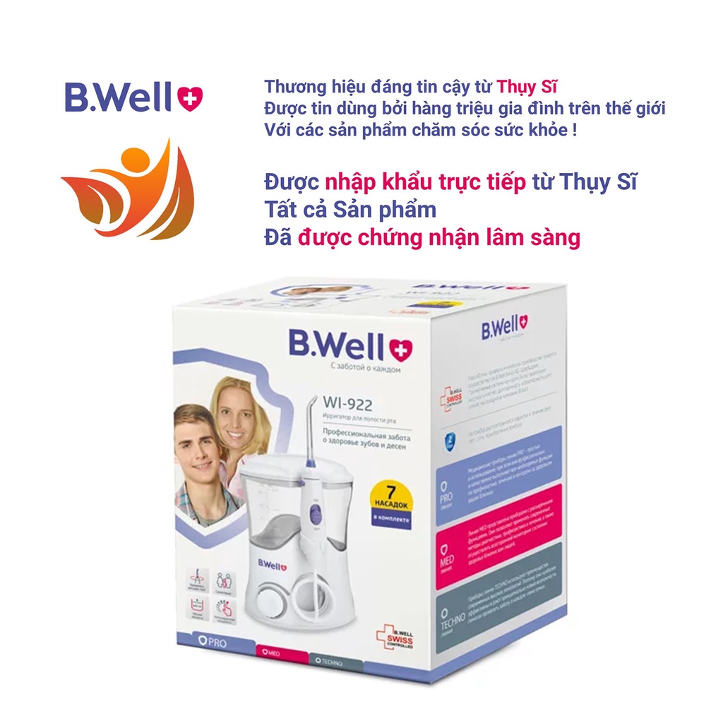 Máy tăm nước gia đình b.well wi 922 combo + 3 đầu tăm, tăm nước vệ sinh răng thụy sĩ cao cấp 7 đầu tăm - bwell y tế 360