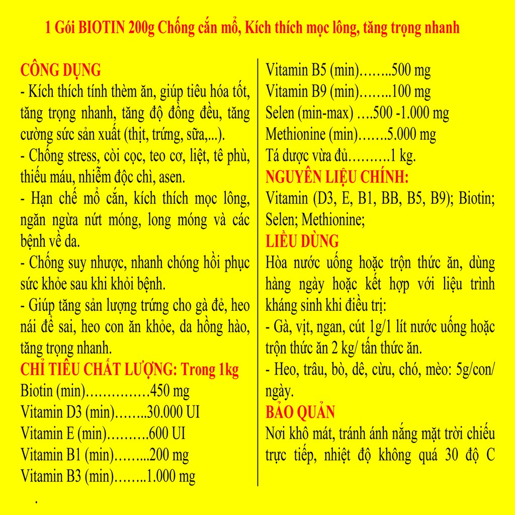 1 gói BIOTIN 200g Chống cắn mổ, Kích thích mọc lông, tăng trọng nhanh