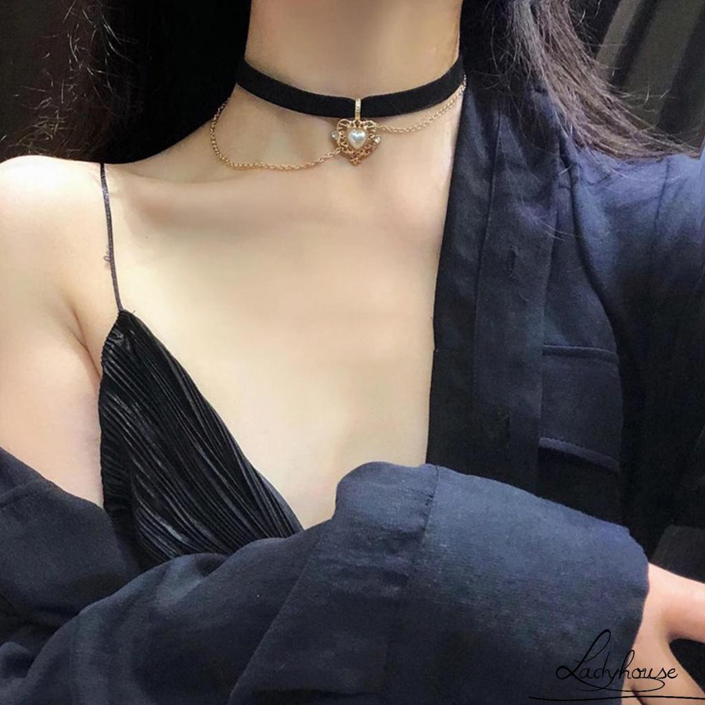 Vòng cổ dây nhung mặt trái tim vàng đính ngọc trai nhân tạo phong cách cổ điển dành cho nữ