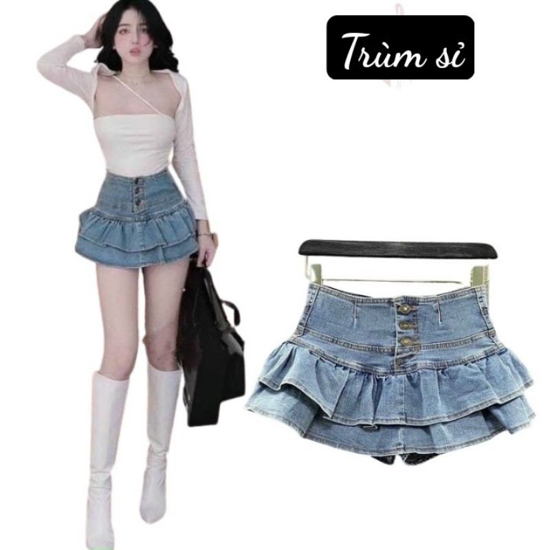 Chân váy jeans nút 2 tầng vạt xòe  👍