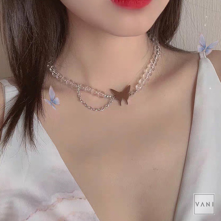 Vòng Cổ Necklace Choker Hạt Trong Suốt Charm Bướm Vintage- Vani Store